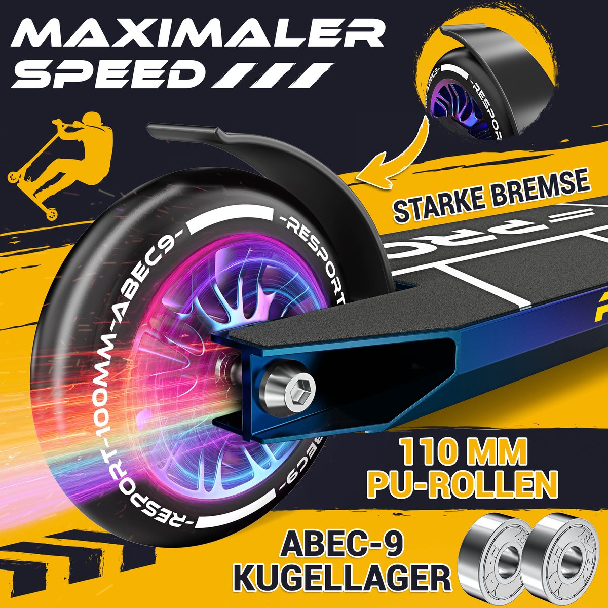 RE:SPORT Revo Pro Stuntstep, voor kinderen en volwassenen, met standaard, 110 mm, PU-wielen en Y-bar, ABEC 9 kogellagers, step met pulse