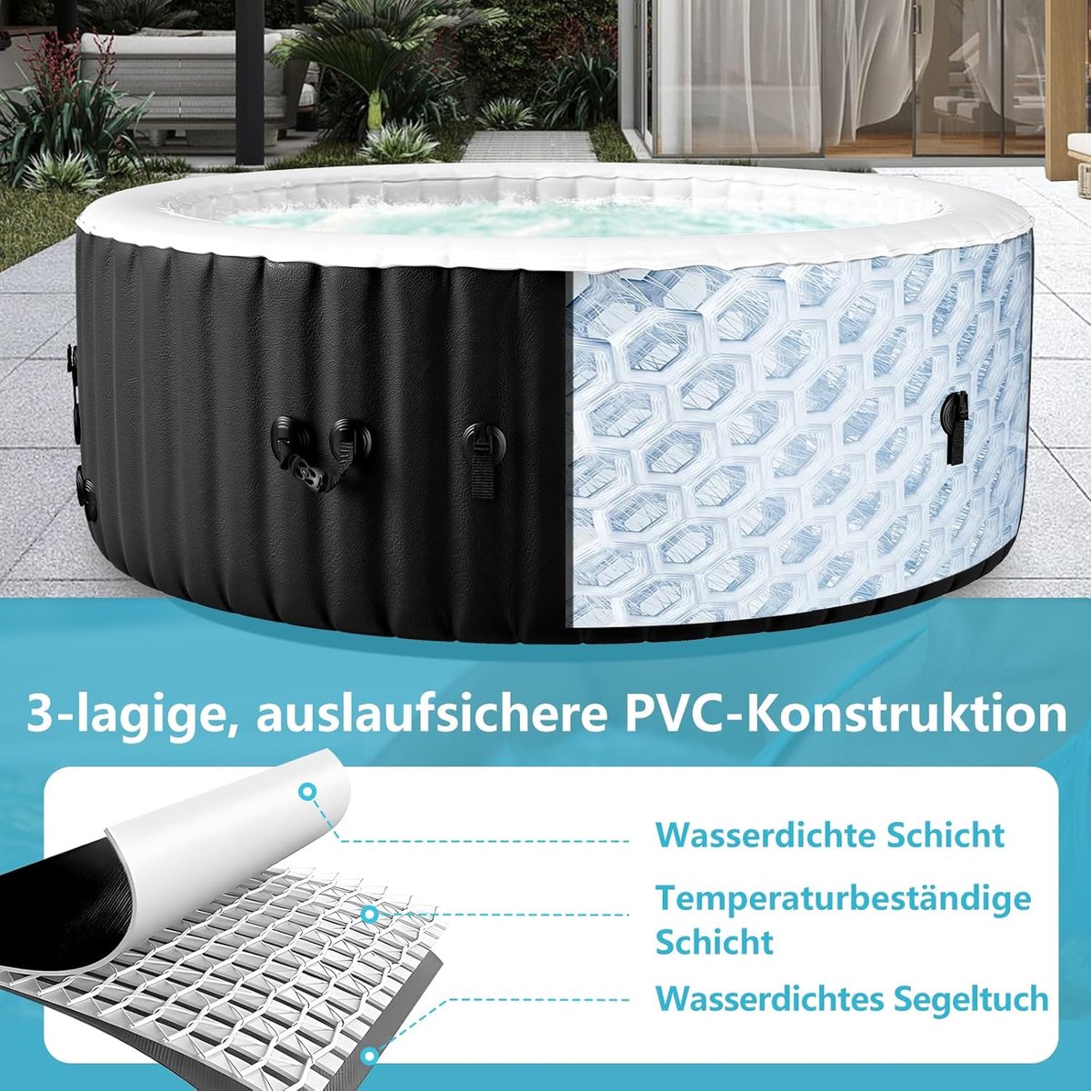 Luxury BubblePro Opblaasbare Jacuzzi Spa 180 x 180 x 63,5 cm – 4 Personen, 120 Airjets, 799L, 2400W Verwarmingssysteem, Vorstbeveiliging, Inclusief Isolerende Cover & Filterpomp