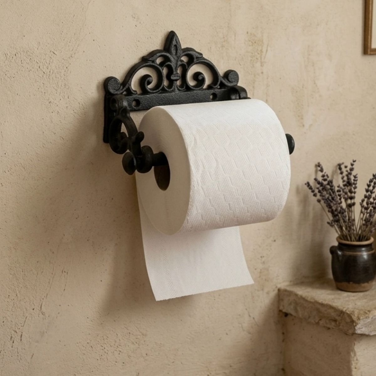 Toiletrolhouder hangend zwart gietijzer 14 cm x 9.5 cm - Landelijke WC-rol houder metaal - Muurbevestiging