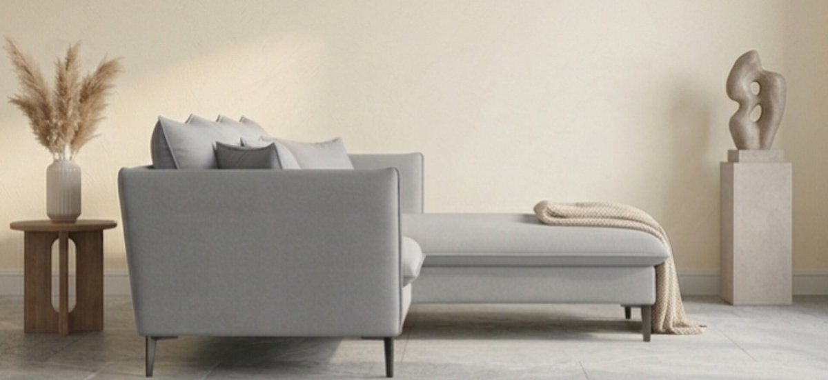 Hoekbank met Slaapfunctie 258x167 cm – Luxe Velvet Bank met Ottomane Rechts, Gouden Poten, 5-Zits, Inclusief Sierkussens, Vrijstaand Design – Grijs – Urbanhome