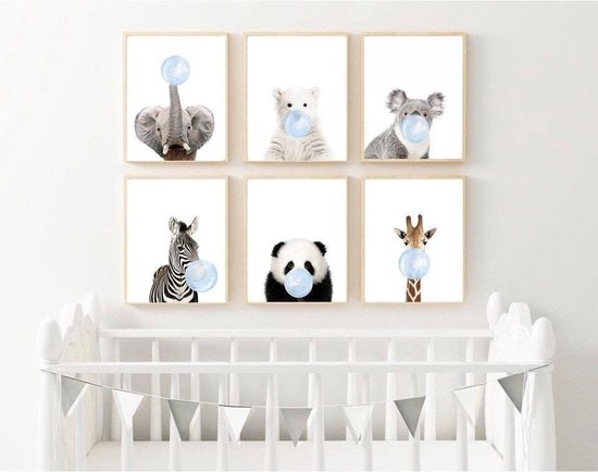 Kinderkamer/babykamer dieren posters - 6 - 20x30 - Blauwe kauwgombel |
