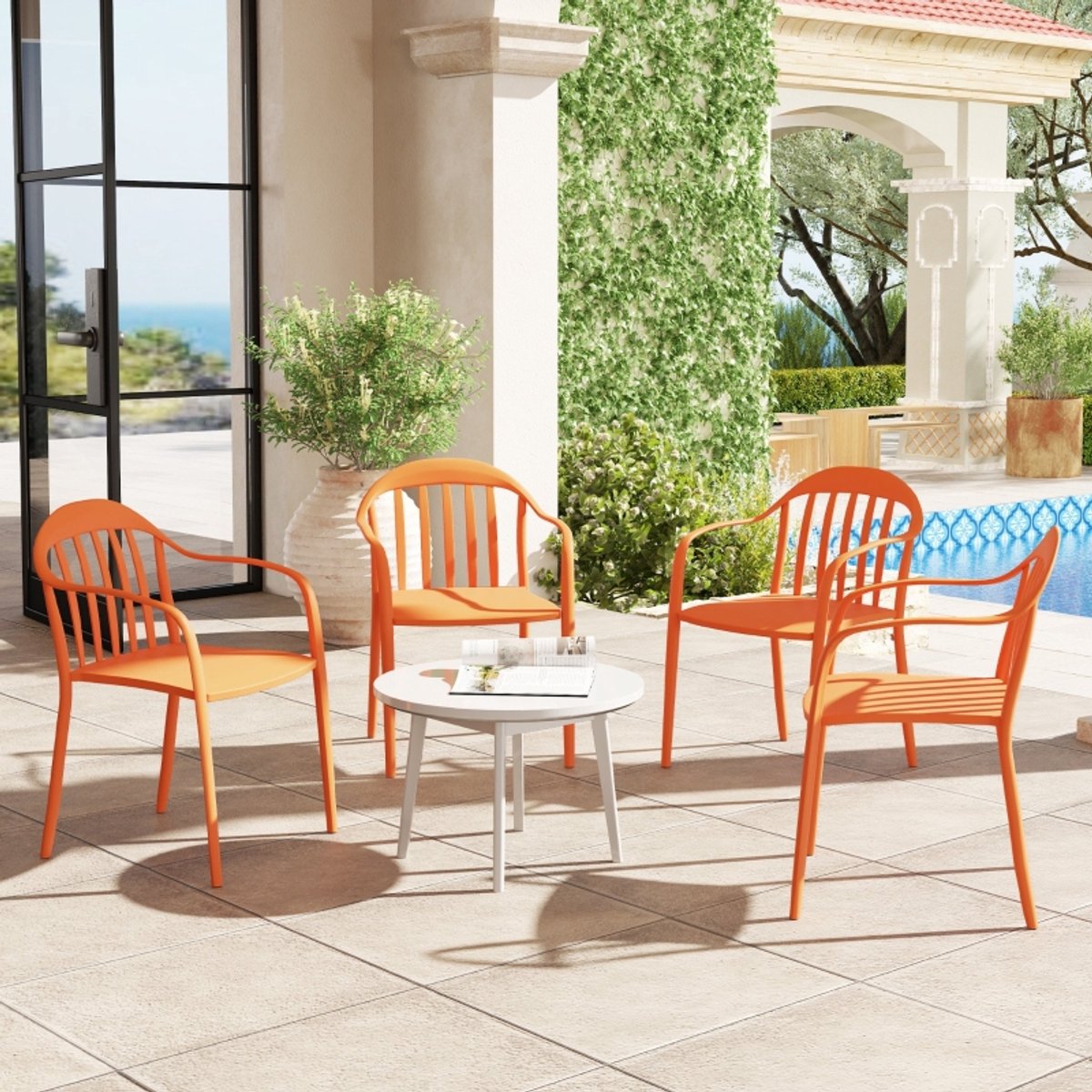 MODENUIT Tuinstoel 57 x 54 x 78 cm - Set van 4 Stapelbaar met Armleuningen - Voor Balkon en Terras - Kunststof Rood