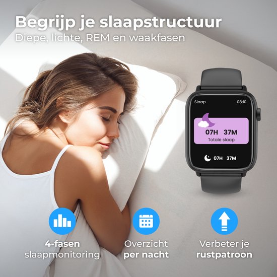 The Life Style Goods - Montre connectée pour femmes/hommes - Moniteur de fréquence cardiaque et podomètre - Android/IOS - Étanche - Zwart