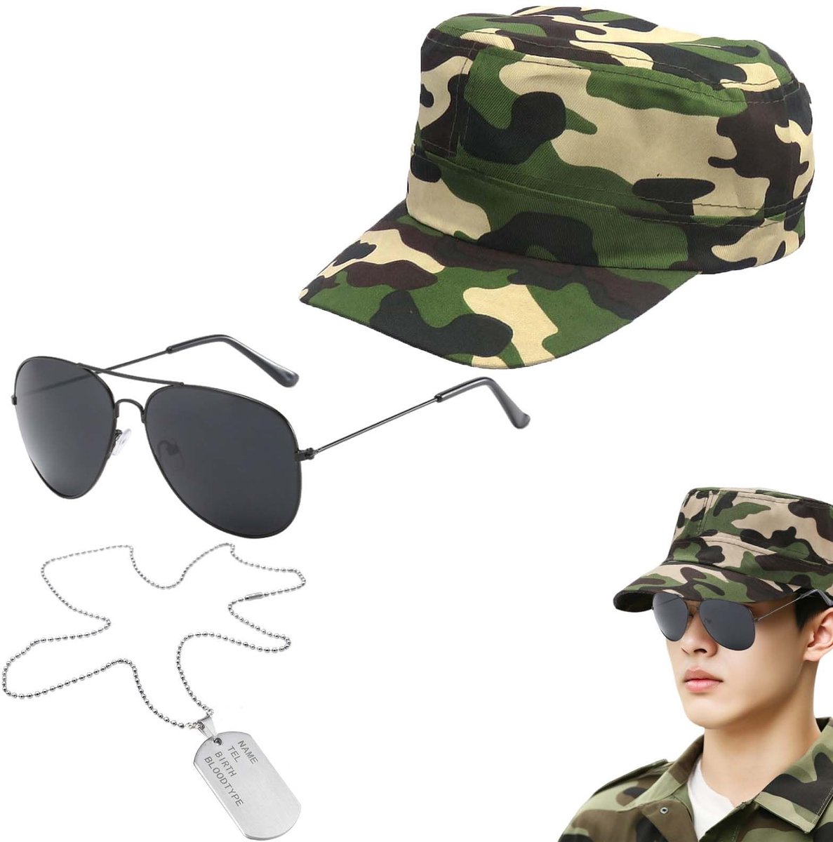 Vt products - 3-delige legerkostuumset - soldaat cosplay - inclusief camouflagehoed, zonnebril en hondenpenning - perfect voor Halloween - volwassen k