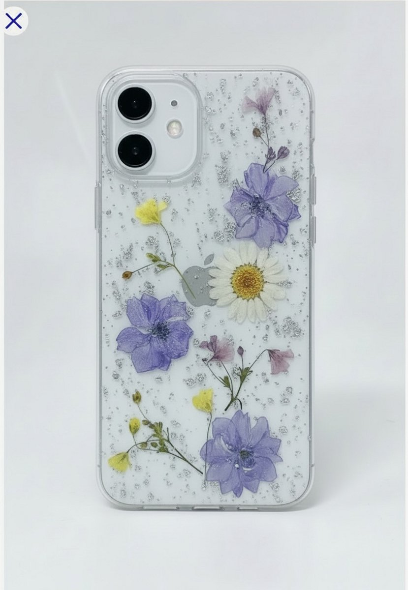 Iphone 15 telefoonhoesje met echte droogbloemen, gedroogde bloemen in paars, wit en geel