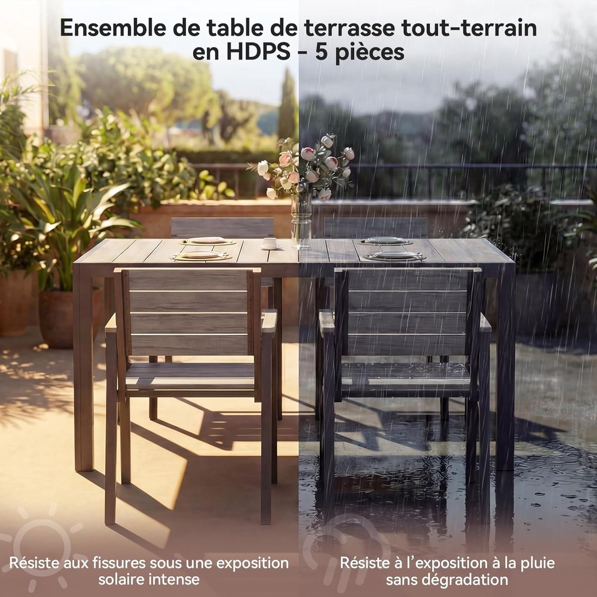 Tuinmeubelset 6 Personen 150x80x74 cm Aluminium – Houtlook Tuintafel met 6 Stoelen, Weerbestendig, Lichtgewicht, Roestvrij, Modern Balkon & Terras Meubilair – Donkergrijs – Nicolehome