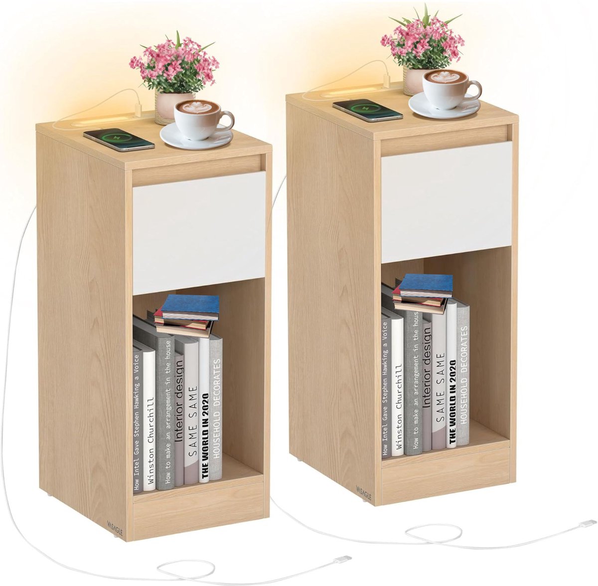 Signature home Nachtkastje set van 2 met laadstation & LED verlichting – Smal bijzettafel – USB & stopcontact – Met lade en open vak – Voor slaapkamer & woonkamer – Amandelgeel Wit – 30x25x59,5 cm