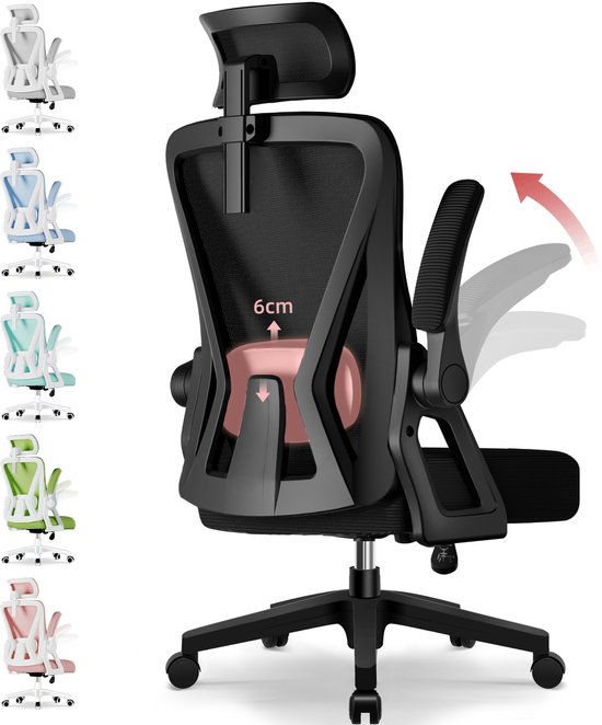 Hiaonyx bureaustoel – ergonomische bureaustoel voor volwassenen - Opklapbare armleuningen – 4D lendensteun met zachte vulling – Vergrendelbare rugleuning – Max. kanteling 135° - Zwart