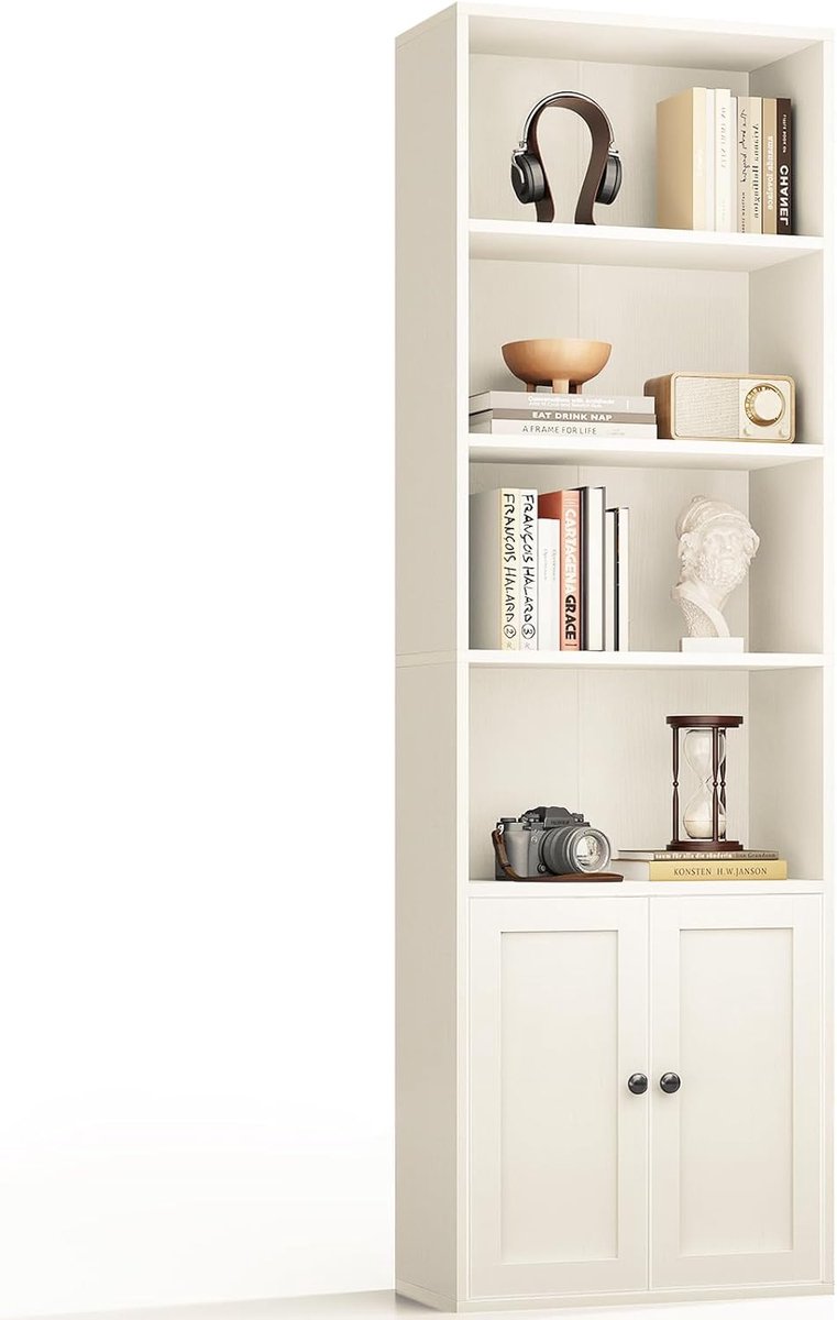 HOMESY 6-laags boekenkast met deuren en kastje, Vloerstaand boekenrek voor presentatie en opslag, Boekenkasten voor huis, kantoor, woonkamer, slaapkamer, Wit, 48 x 24 x 176