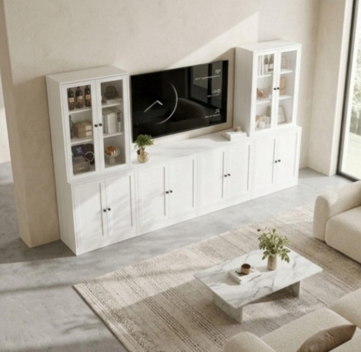 Urbanhome XXL TV-Meubel 280 cm – Moderne TV Kast met Opbergruimte & Glazen Deuren – Geschikt tot 70 Inch – Dressoir / Wandkast met Planken – Wit