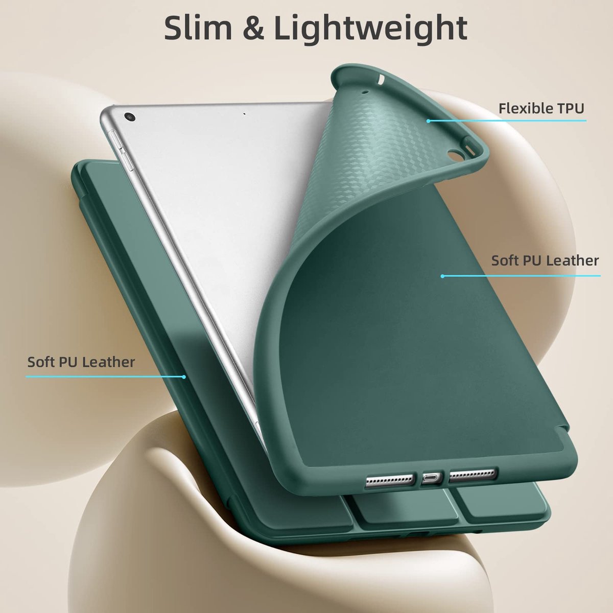 Hoesje compatibel met iPad 10,2 inch – Geschikt voor iPad 9e, 8e en 7e generatie met penhouder – Hoesje met zachte TPU-achterkant – Automatisch in- en uitschakelen – Groen