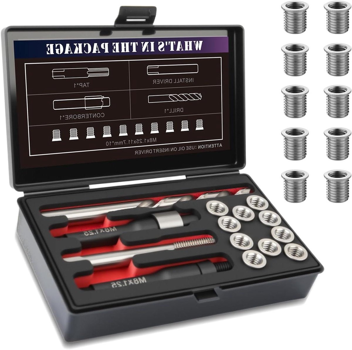Schroefdraad Reparatieset - Draad Herstel Kit - Motor Reparatie - Sterkere Binnendraad - M8x1.25x11.7mm 10 Stuks - Zilver