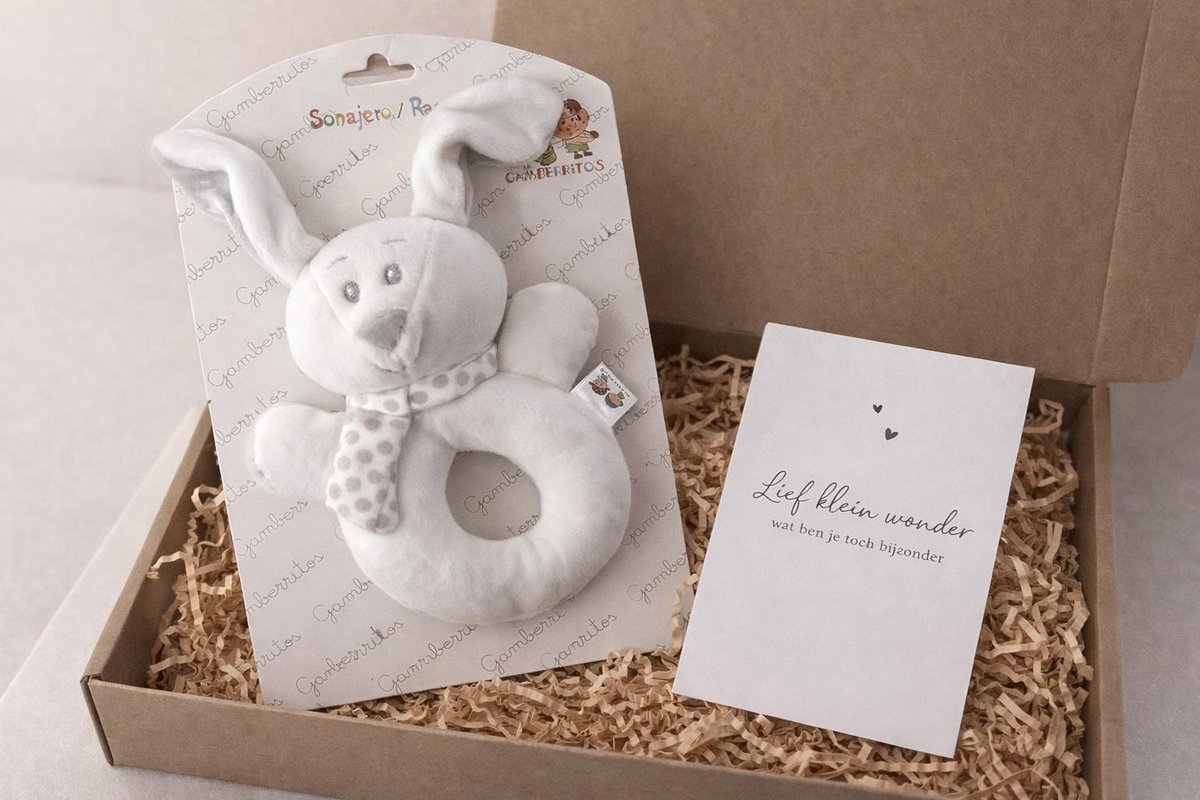 brievenbus cadeau set baby newborn | rammelaar | konijn | in verwachting | wit