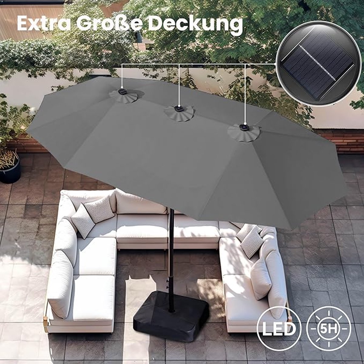 Rechthoekige Tuinparasol 270x450 cm XXL met LED Verlichting, Standaard, Zandzakken & Hoes – UV50+ Waterafstotend Windbestendig Dubbelzijdig met Draaihendel – Nicolehome