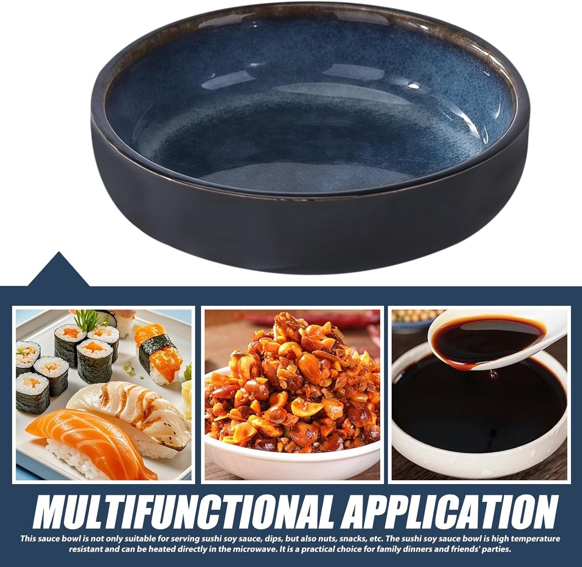 6 ronde keramische sauskommetjes voor sojasaus, sushi, mini kruidenkommetjes, donkerblauwe schaaltjes voor hapjes, snacks en noten, vaatwasmachinebestendig. — cadeau in Koken & Dineren - foto 4