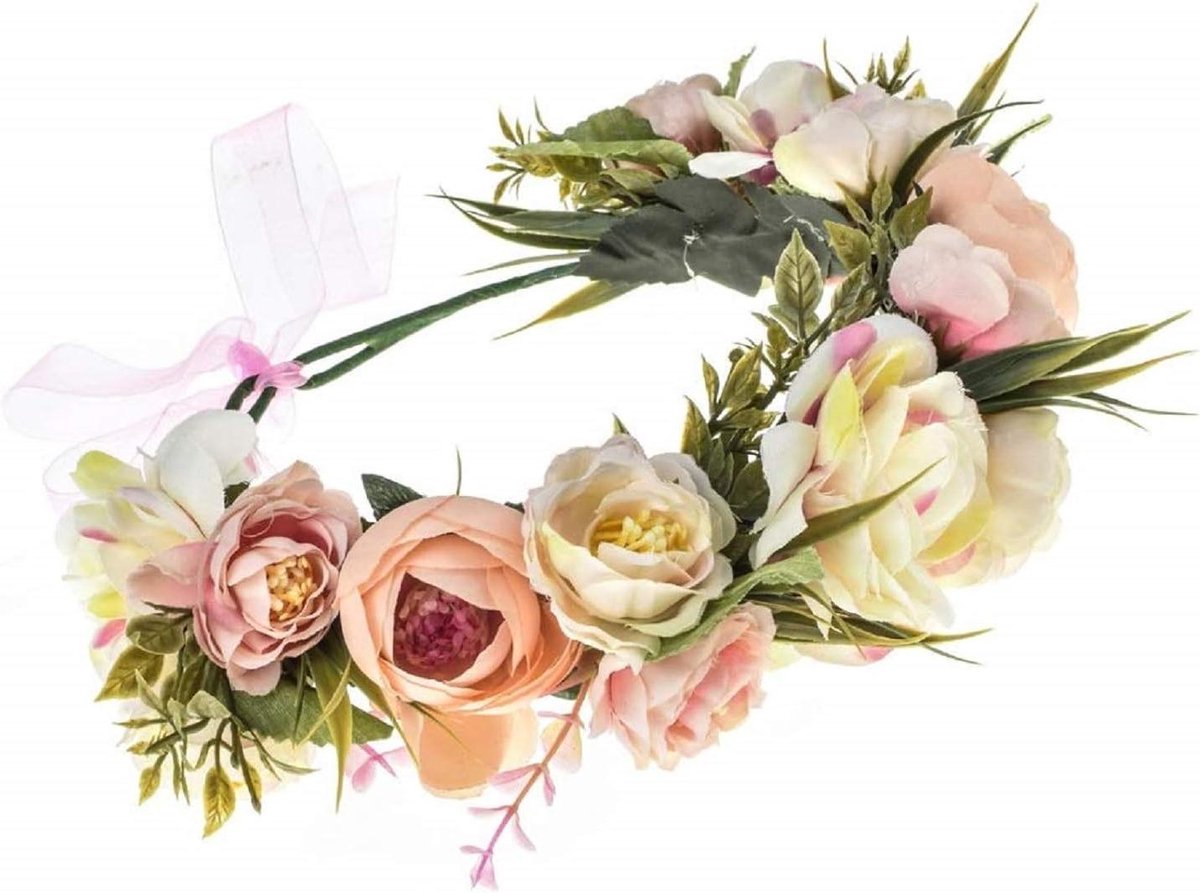 Bloemen Kroon - Bloemen Hoofddeksel - Feestelijke Accessoires - Handgemaakt met Lijm - Verstelbaar - Champagne