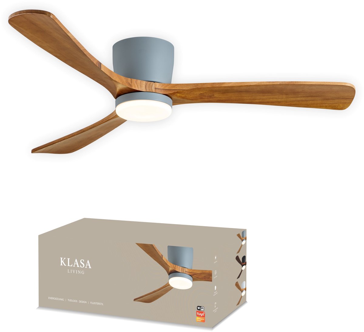 Smart Plafondventilator met Verlichting - Grijs + Hout - Ø 132 cm - Stille Motor <25dB - Handige App - Dimfunctie - Plafond Ventilator met Verlichting - Plafondlamp met Ventilator