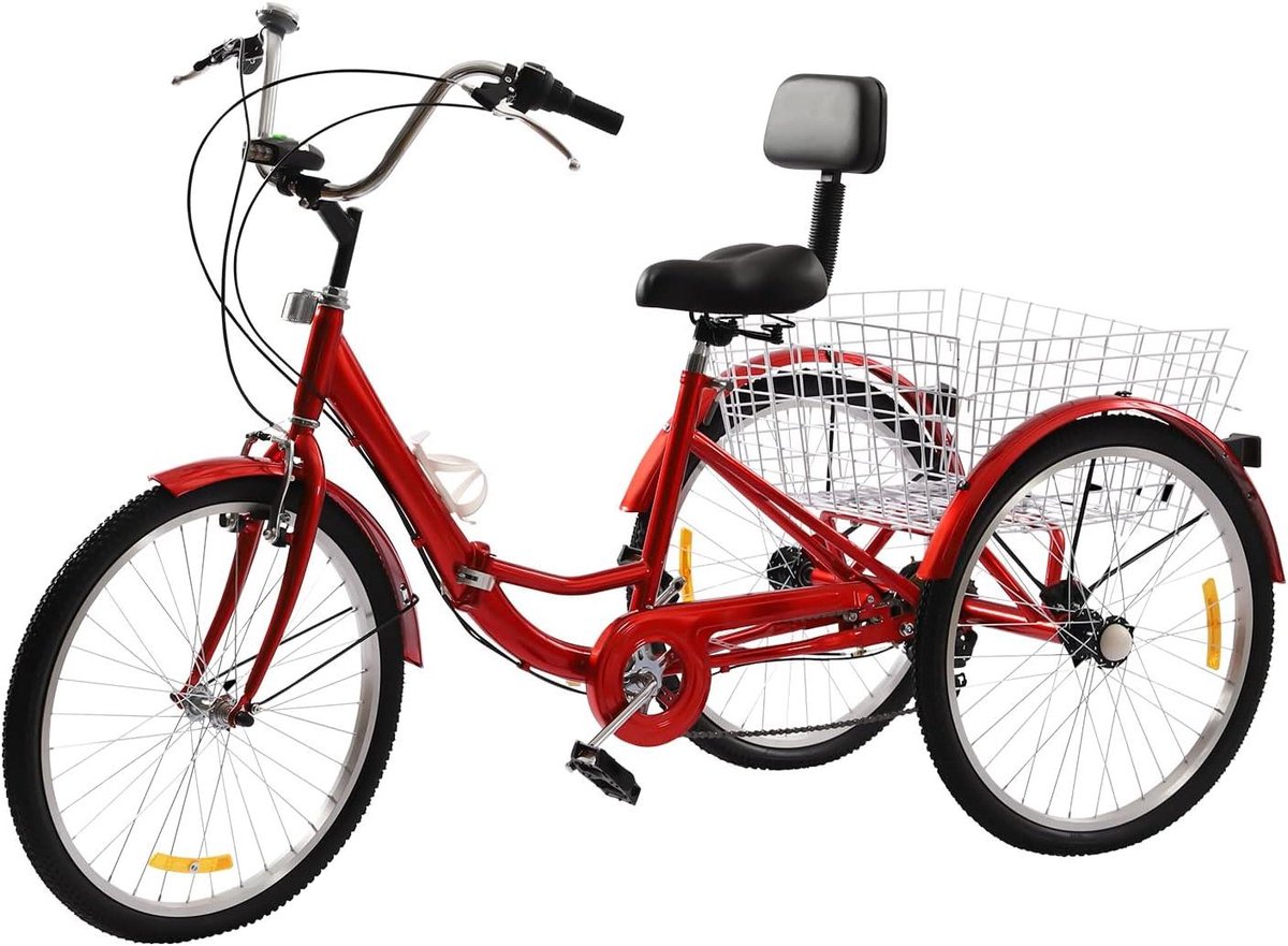 Volwassen Driewieler - Driewieler Fiets - Comfortabel Boodschappen Doen - Opvouwbaar Koolstofstaal Frame - 24 Inch Wielen - Rood