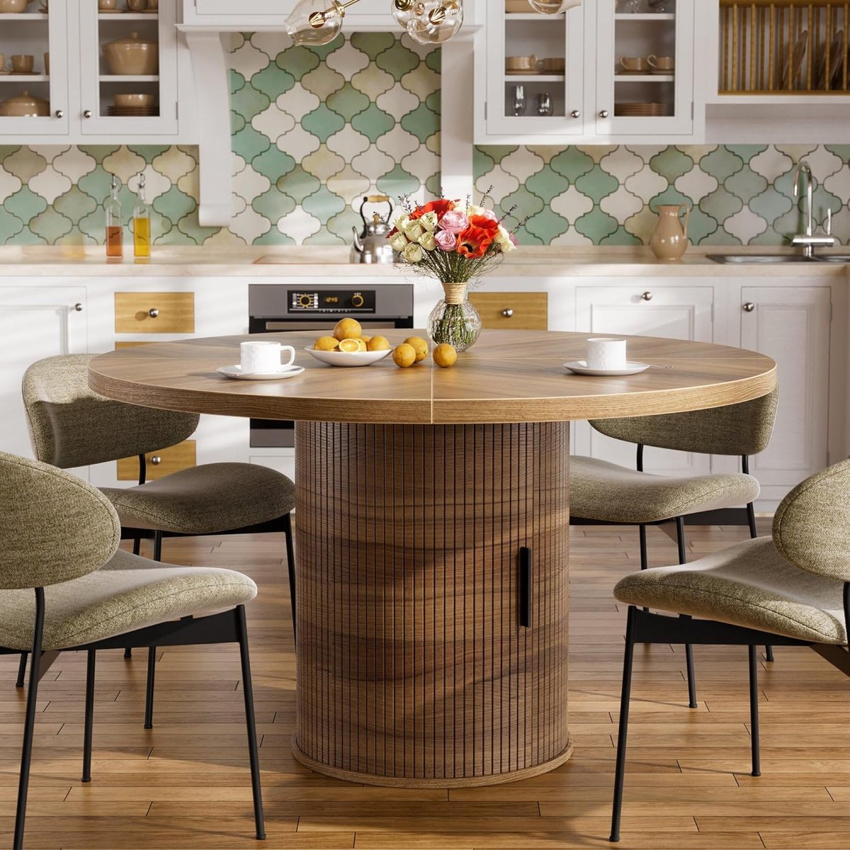 Ronde Eettafel met Opbergruimte & Schuifdeur Ø100 x 75 cm – Moderne Houten Eettafel voor 4 Personen met 2-Laags Opbergrek – Ruimtebesparende Keukentafel