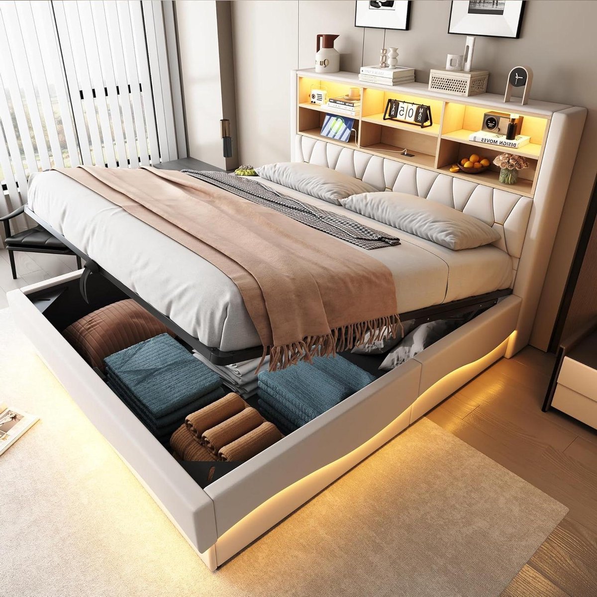 Gestoffeerd Bed - Opbergbed Kinderbed - Ruimte Besparen - App-gestuurde LED - 180x200 cm - Beige