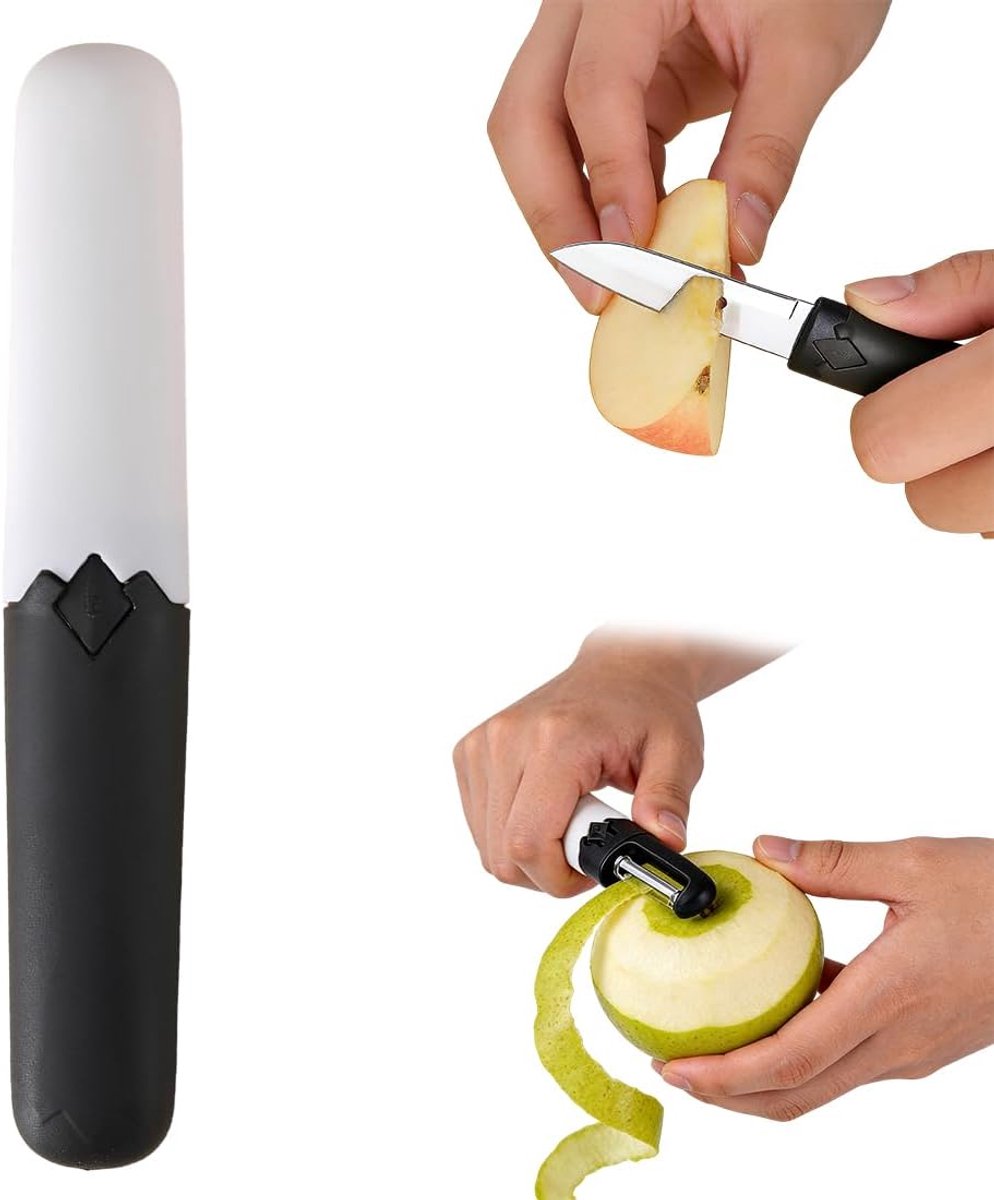 1 dunschiller, 2 en 1 multifunctioneel met schilmes en fruitmes van roestvrij staal, roestvrij en vaatwasmachinebestendig, met antislip handgreep, voor groenten, fruit en tomaten in de