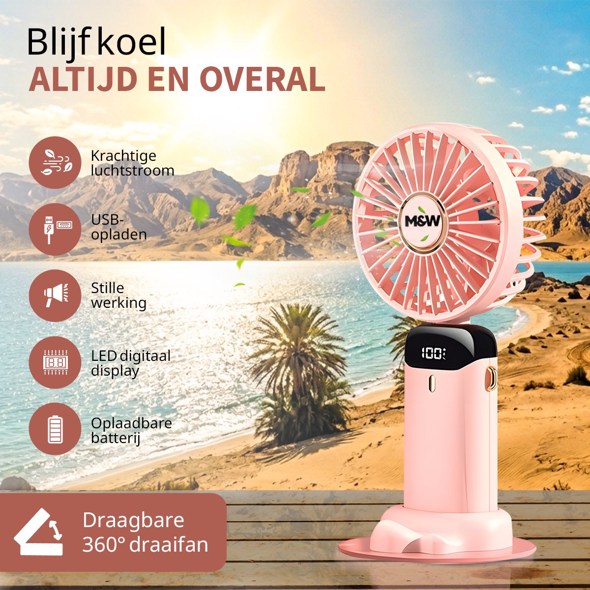 M&W Draagbare Elektrische Hand Ventilator - Mini Hand Fan - Airco Verkoeling - USB Oplaadbare Ventilatoren - Handventilator Roze — afbeelding 7