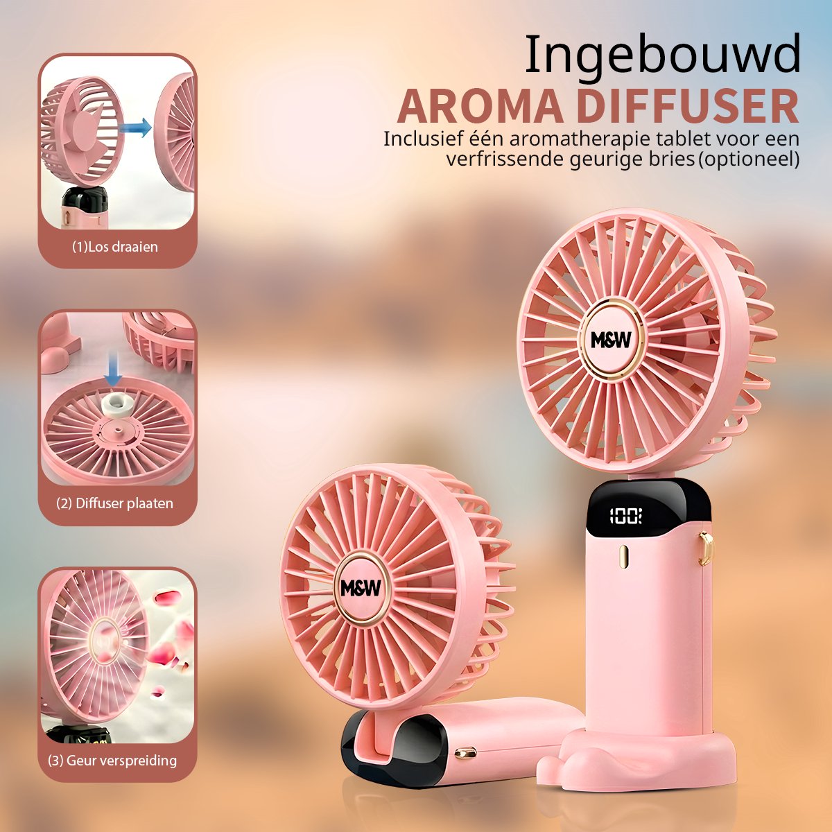 M&W Draagbare Elektrische Hand Ventilator - Mini Hand Fan - Airco Verkoeling - USB Oplaadbare Ventilatoren - Handventilator Roze — afbeelding 8