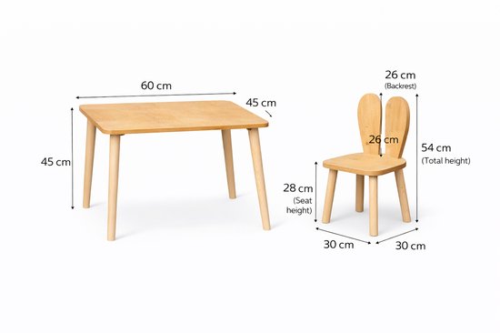 Afmetingen van een houten kindertafel en een stoel met konijnenoren.