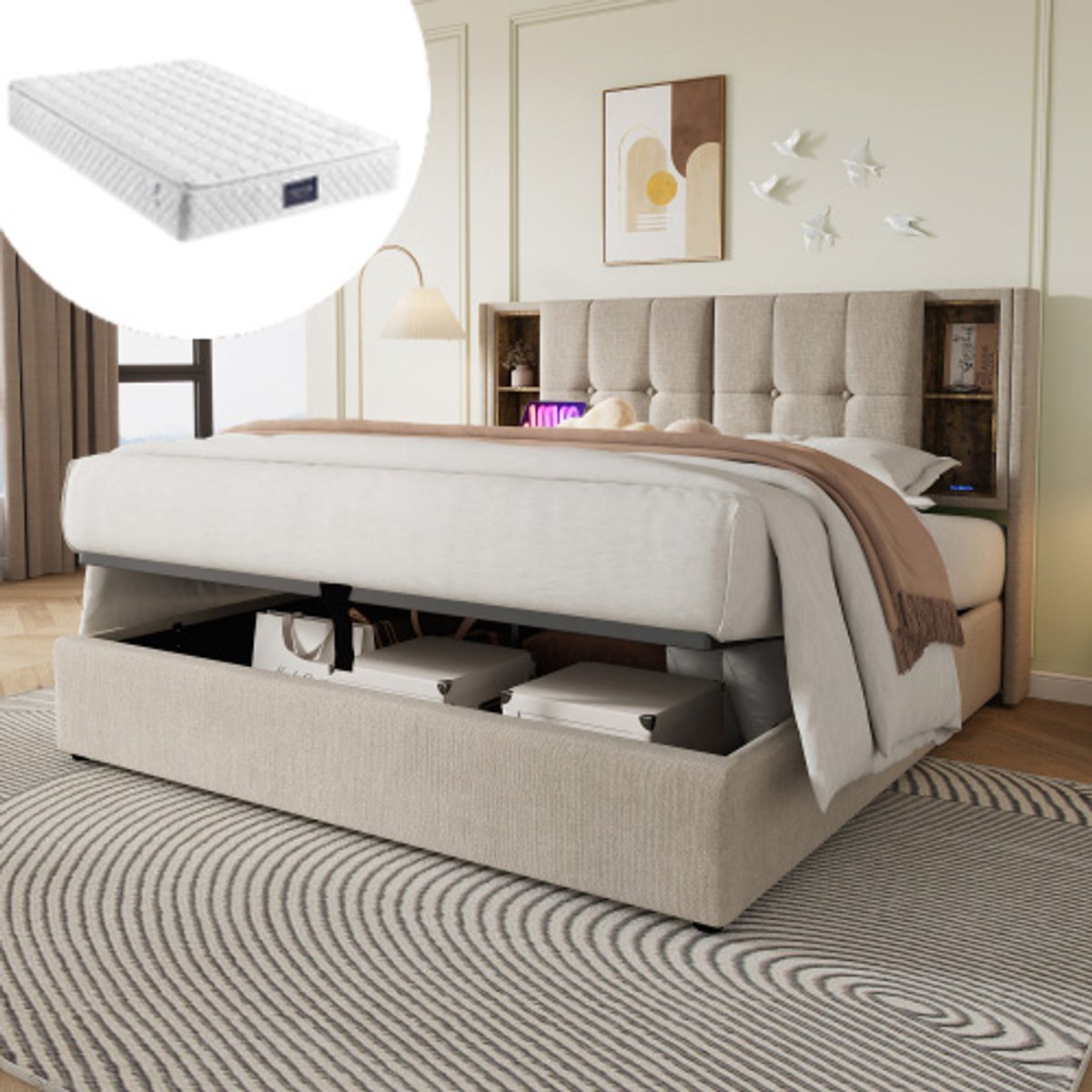 REDOM Luxe Opbergbed incl. Pocketvering Matras (140x200) - Linnen Twijfelaar met Draadloos Laden & USB - Naturel Natuurlijk