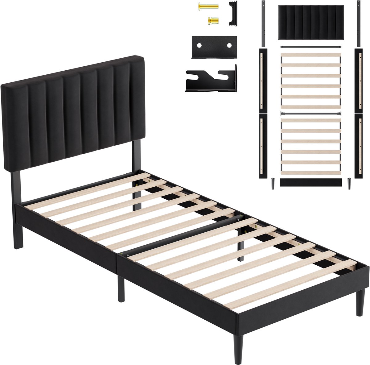 Auralum Max heavy duty metalen bedframe - Gestoffeerd bedframe - 90x200 CM - Zwart - Bedplaats Met Plat Noedelsframe en Verstelbaar Hoofdbord - Draagkracht 480 kg