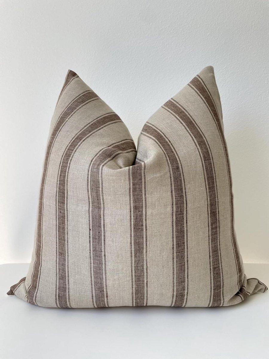 Handgeweven Kussensloop - Vintage Sierkussenhoes - Wonen en Decoratie - Handblok Print Motief - 56x50 cm - Bruin Beige Streep