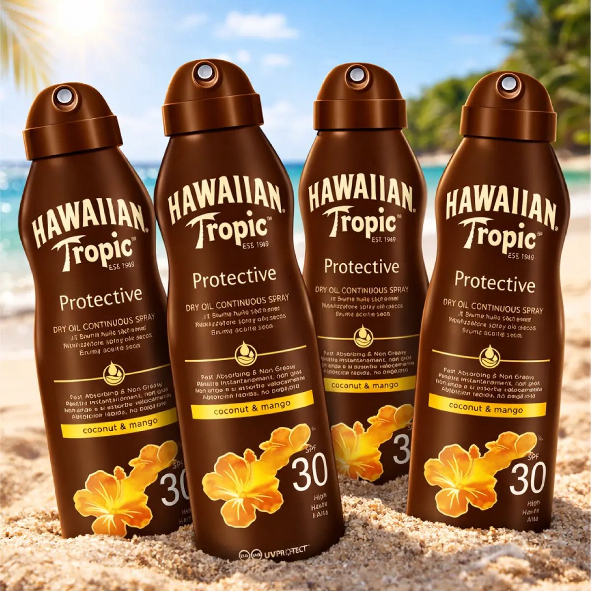 Hawaiian Tropic - Zonnebrand - Island Glow Dry Oil Continuous Spray SPF 30 - Hydraterend & Beschermend - 177 ml - Voordeelverpakking - 4 stuks