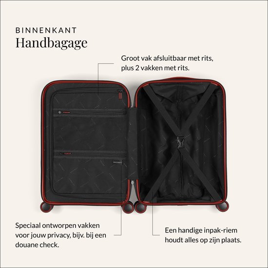 Binnenkant van de rode handbagage koffer, met ritsvakken en inpakriemen.