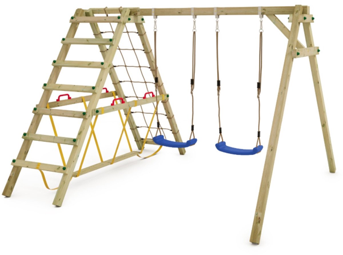 Wickey Smart Hike Speeltoestel - Dubbele schommel met Klimaanbouw en Evenwichtsbalk - Flexibele schommelverbinder - 315x260x215 cm - Blauw