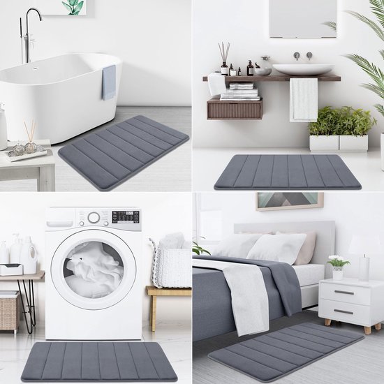 Vier afbeeldingen: badmat bij een bad, een wastafel, in een wasmachine en bij een bed.