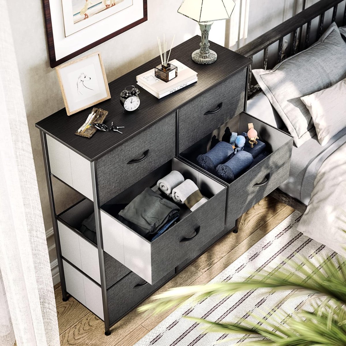 Commode 8 Laden 98x86x30 cm Grote Opbergkast Industrieel met Stoffen Laden Metalen Frame en Houten Blad Slaapkamer Kast Zwart Urbanhome