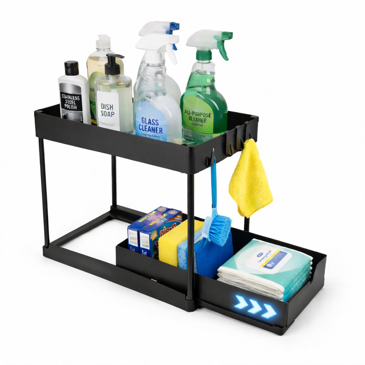Gootsteenkast Organizer - Keukenkast Organizer Uitschuifbaar - Aanrecht Organiser met Vaatdoekhouder - Opbergkastje Keuken - Keukenrek Schuiflade- Opbergkist - Badkamer Organizer - Gootsteenorganiser - Under Kitchen & Sink Rack - CleanRite - Zwart
