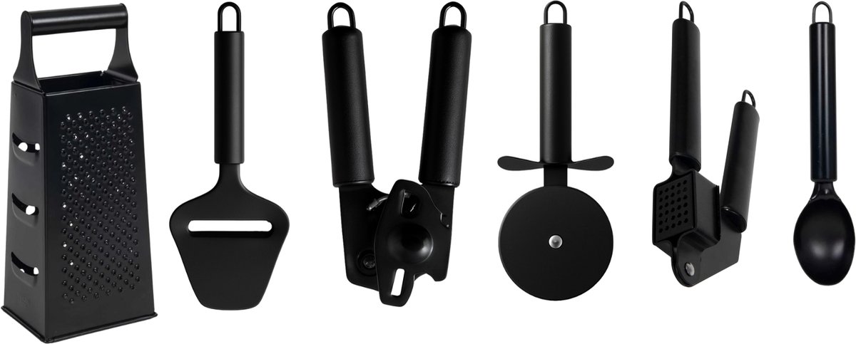 Cookinglife Keukengerei Set Zwart - 6-delig - Torenrasp, Knoflookpers, Blikopener, Pizzasnijder, Kaasschaaf & IJschep