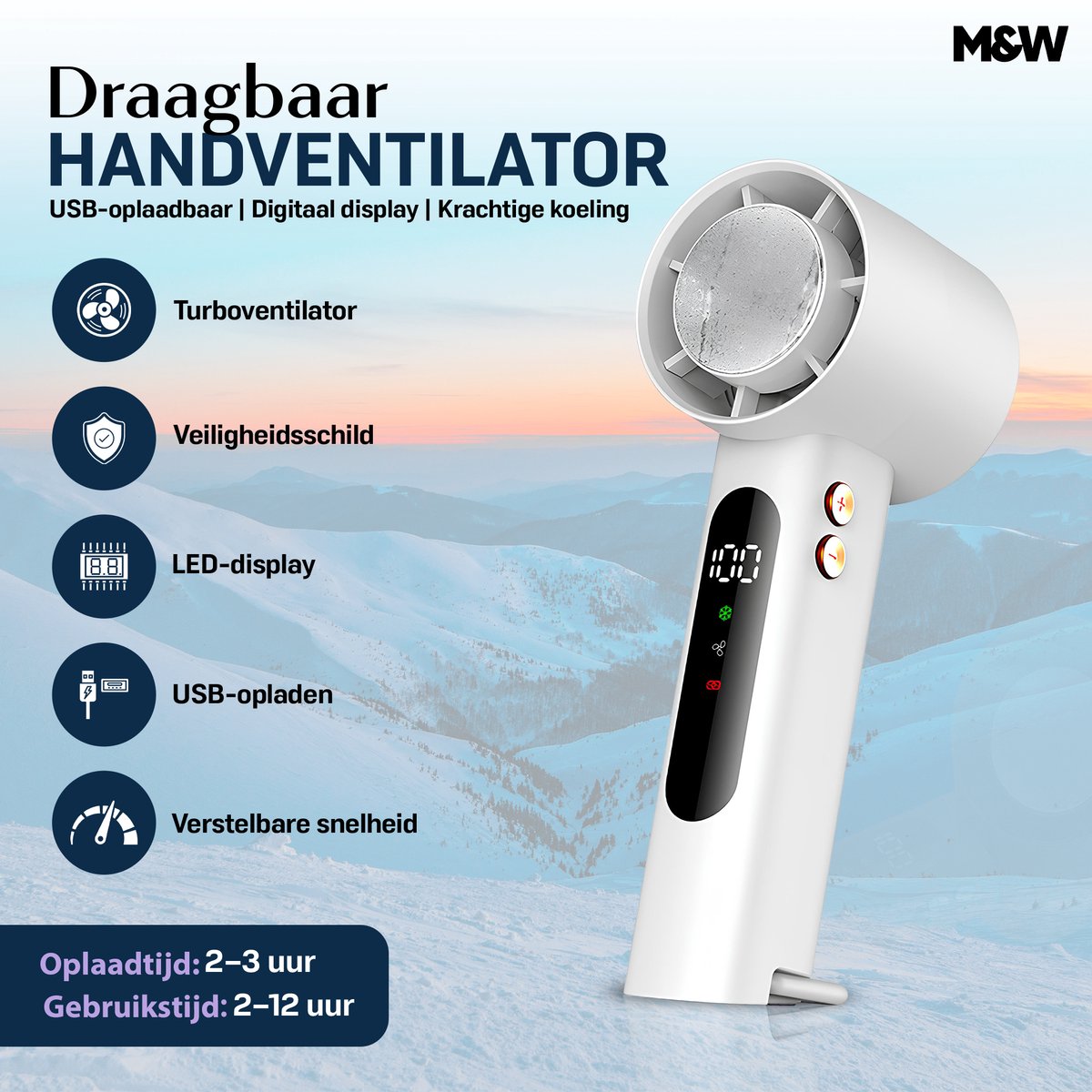 M&W® Mini Ventilator Draagbaar – Handventilator met IJs Koeling – Oplaadbaar USB (3000 mAh) – Stil & Krachtig – 3 Standen – Compacte Zakventilator voor Reizen, Festival, Kantoor & Thuis — afbeelding 7