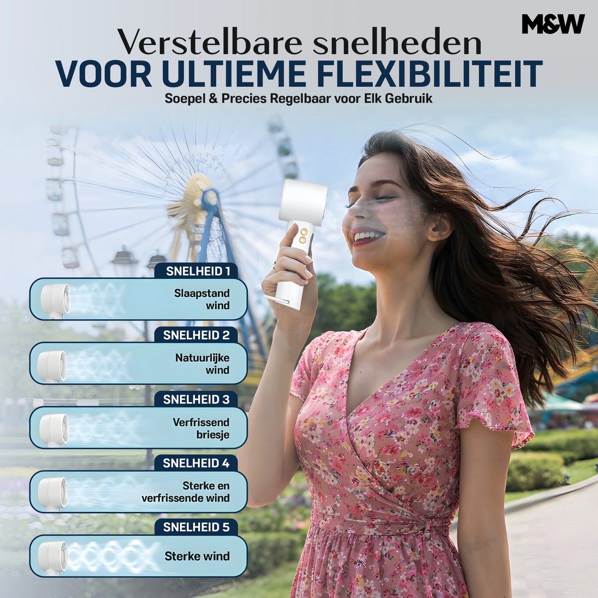 M&W® Mini Ventilator Draagbaar – Handventilator met IJs Koeling – Oplaadbaar USB (3000 mAh) – Stil & Krachtig – 3 Standen – Compacte Zakventilator voor Reizen, Festival, Kantoor & Thuis — afbeelding 10