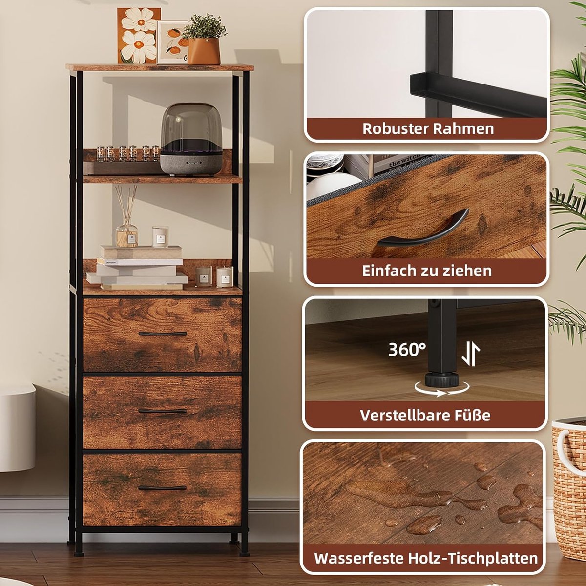 Boekenkast - Boekenkast 5 Niveaus met 3 Stoffen Lades – ABTkantoor Smalle Opbergkast 115 cm Houtnerf Design – Staand Rek voor Kantoor, Woonkamer & Slaapkamer – Lichtgewicht & Ruimtebesparend – FSC Hout