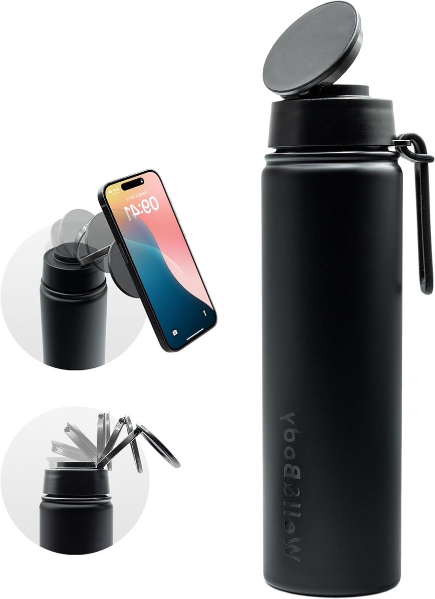 Geïsoleerde Fles - Sportfles Thermos - Telefoonhouder Sport - MagSafe Compatibel - 750 ml - Zwart