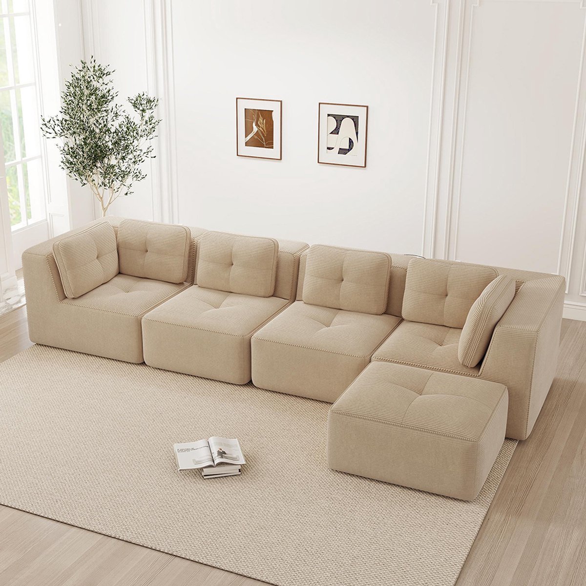 BLACKCOLORS Hoekbank zonder armleuningen voor de woonkamer met chaise longue, comfortabele 4-zitsbank met diepe zitting, zachte kussens en bekleding van touw, geen montage nodig en antislipontwerp, Beige