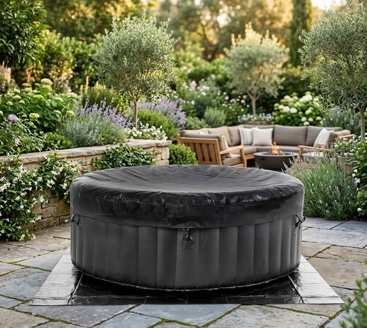 Luxe Opblaasbare Whirlpool Spa 180x180x65 cm voor 4 Personen met 130 AirJets, 800L Capaciteit, Zwart/Wit