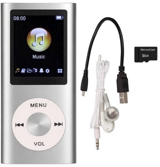 Zilverkleurige MP3-speler met 'Music'-scherm, oordopjes, USB-kabel en een 32GB SD-kaart.