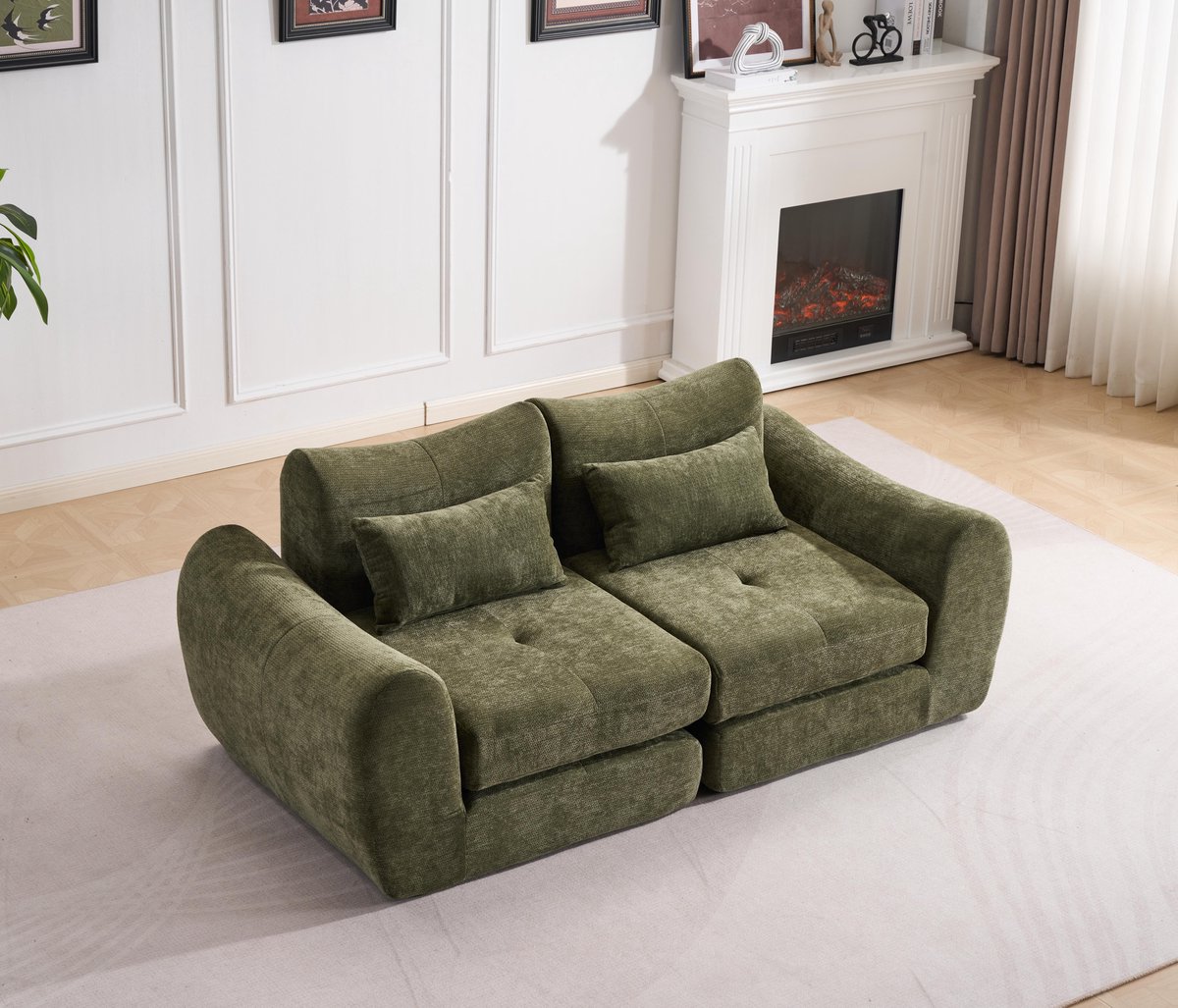 Multifunctionele chenille slaapbank – modulair en opvouwbaar ontwerp – 2 kussens en armleuningen – comfortabele 2-in-1 bank en bed – geschikt voor 2 personen – bank, chaise longue en logeerbed – ideaal voor appartement en kleine ruimtes – Groen