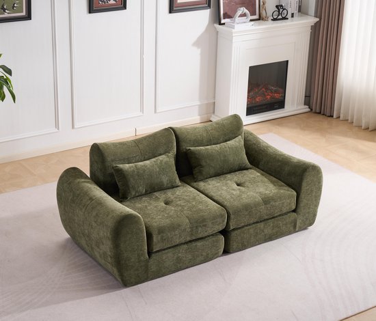 Multifunctionele chenille slaapbank – modulair en opvouwbaar ontwerp – 2 kussens en armleuningen – comfortabele 2-in-1 bank en bed – geschikt voor 2 personen – bank, chaise longue en logeerbed – ideaal voor appartement en kleine ruimtes – Groen
