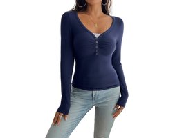 Henley Top met Lange Mouwen - Shirt - Dames - Blauw