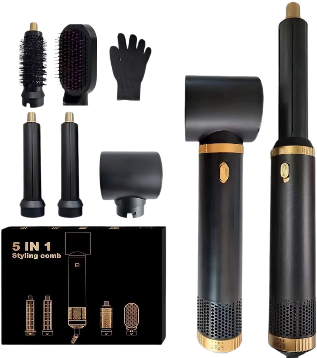 Haardrogerborstel - 5-In-1 Heteluchtborstel - Föhn en Styler met Afneembare Opzetstukken (Krultang, Volumeborstel, Stijltang, Krulspeld), Lichtgewicht Reisföhns voor Vrouwen - Compact Formaat