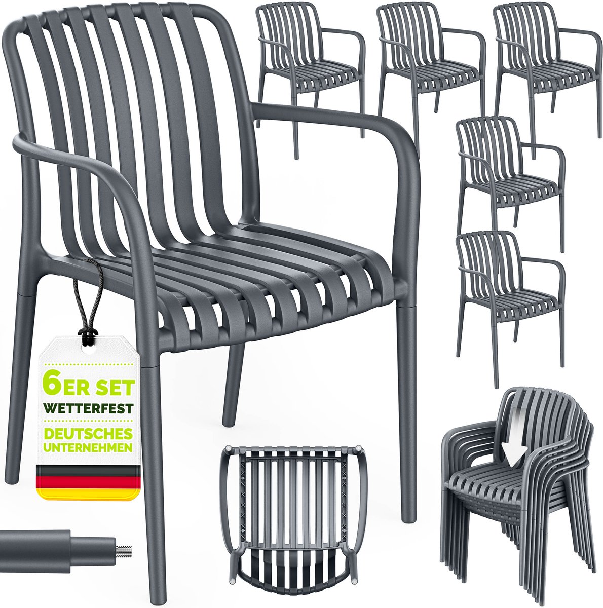 tillvex® Tuinstoelen 6-delige Set Stapelbaar Weerbestendig met Armleuning | Outdoor Stoelen tot 120kg Belastbaar | Tuinstoelen Outdoor | Terrasstoel Tuinmeubelen Balkon Tuin Terras
